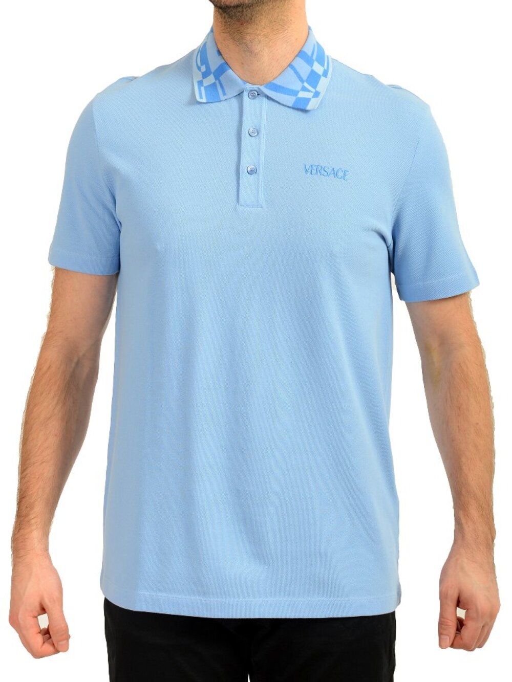 Versace Men's Blue Logo Embroidery Blue Short Sleeve Polo Shirt US L IT 52